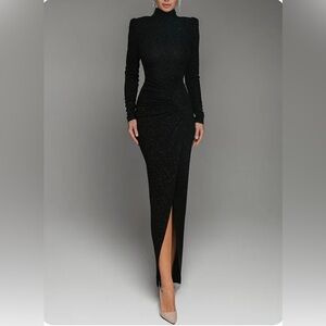 StyleWe Black Glittery Long Evening Dreas with Waist Flattering Ruching
